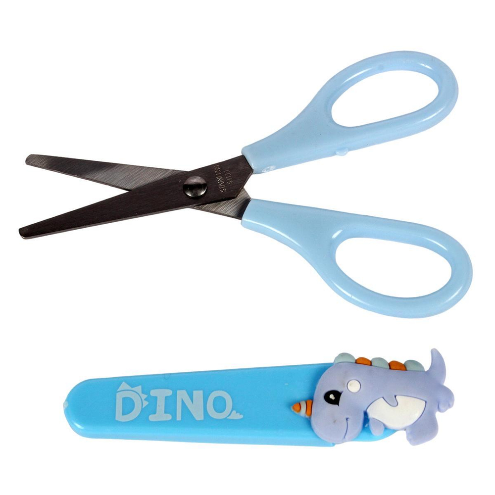 Ножницы детские 14 см с пластиковым чехлом и ПВХ фигуркой "Динозавр", С-40022