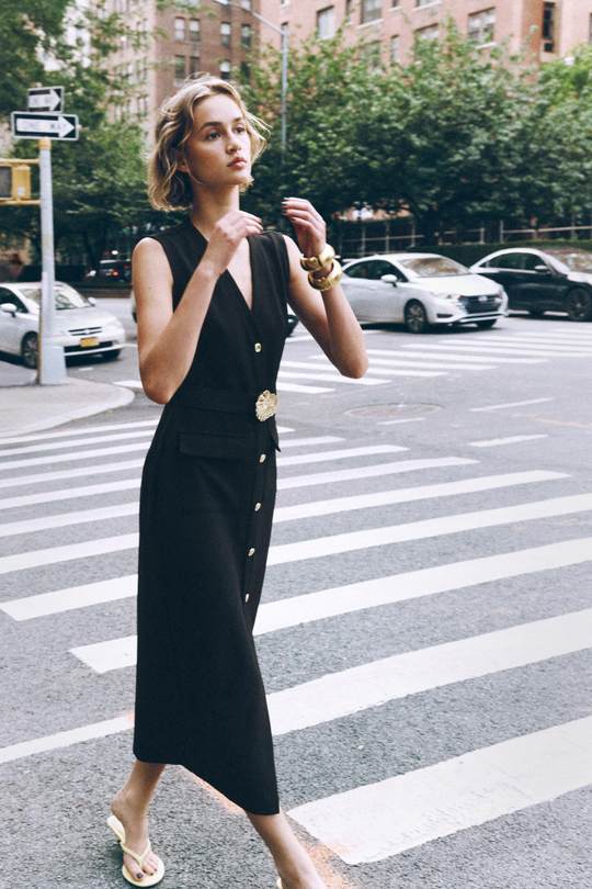ZARA ПЛАТЬЕ-МИДИ ИЗ КРЕПА С ПОЯСОМ, ЧЕРНЫЙ