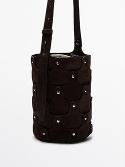 Massimo Dutti Сумка-мешок из замши с заклепками, коричневый