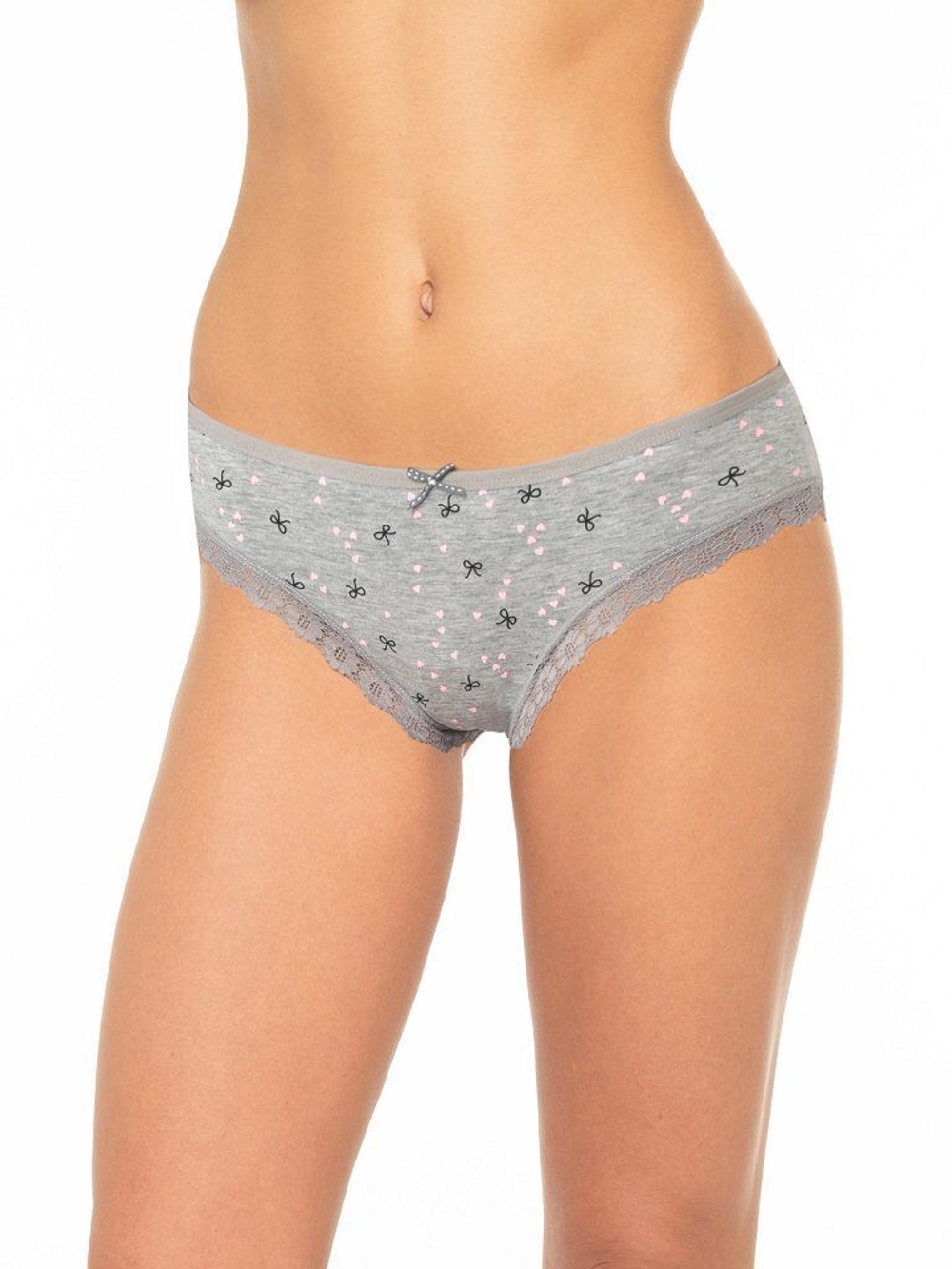 Трусики-слипы с кружевной оторочкой и принтом в виде бантиков и сердечек (Размер: L) (Цвет: темно-синий)