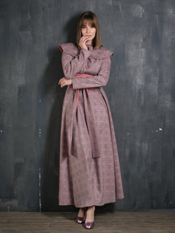 Платье с кушаком /персик клетка