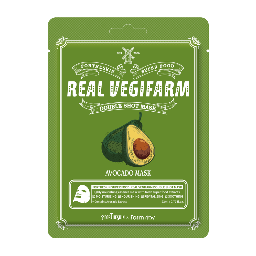 Тканевая маска для лица Авокадо FORTHESKIN SUPER FOOD REAL VEGIFARM DOUBLE SHOT MASK, 23 мл.