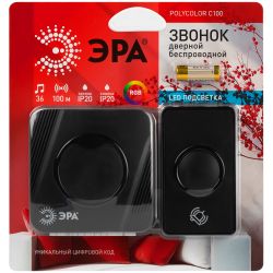 Звонок дверной ЭРА POLYCOLOR C100 беспроводной RGB подсветка чёрный 36 мелодий | Электротовары