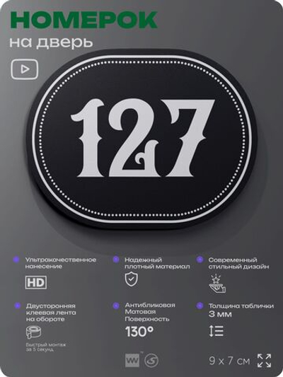 Номерок на дверь квартиры 127, для кабинета, офиса, шильдик 9 х 7 см, черный, Айдентика Технолоджи