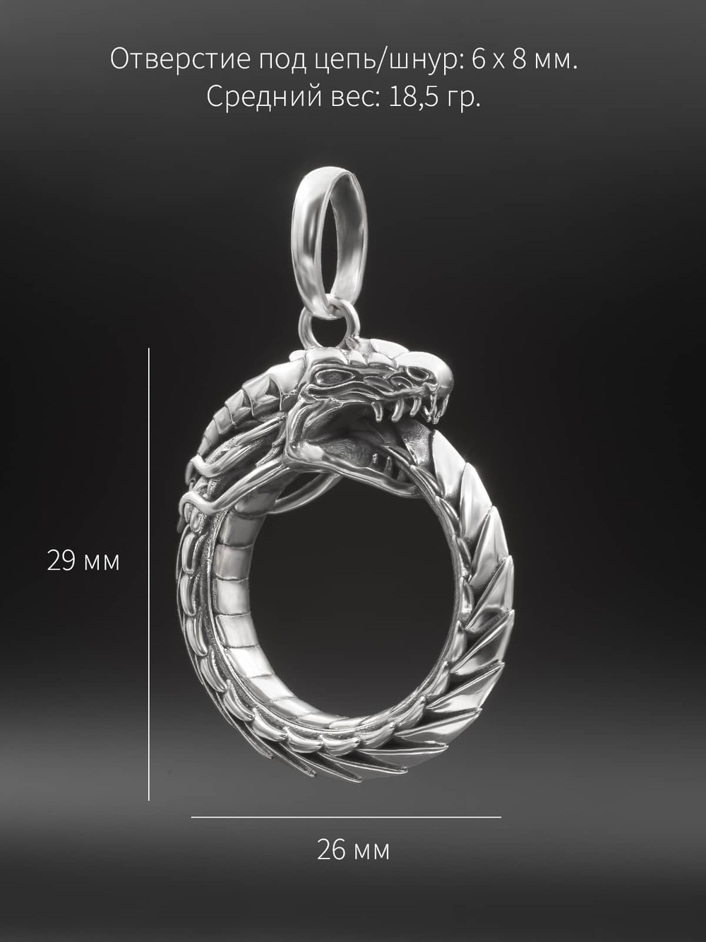 Фото размеров ювелирного кулона уроборос из серебра.