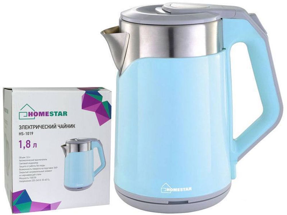 Чайник электрический 1,8л Homestar HS-1019 стальной, голубой