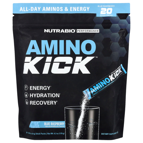 NutraBio, Performance, Amino Kick™, голубая малина, 20 стик-пакетов по 9 г (0,32 унции)