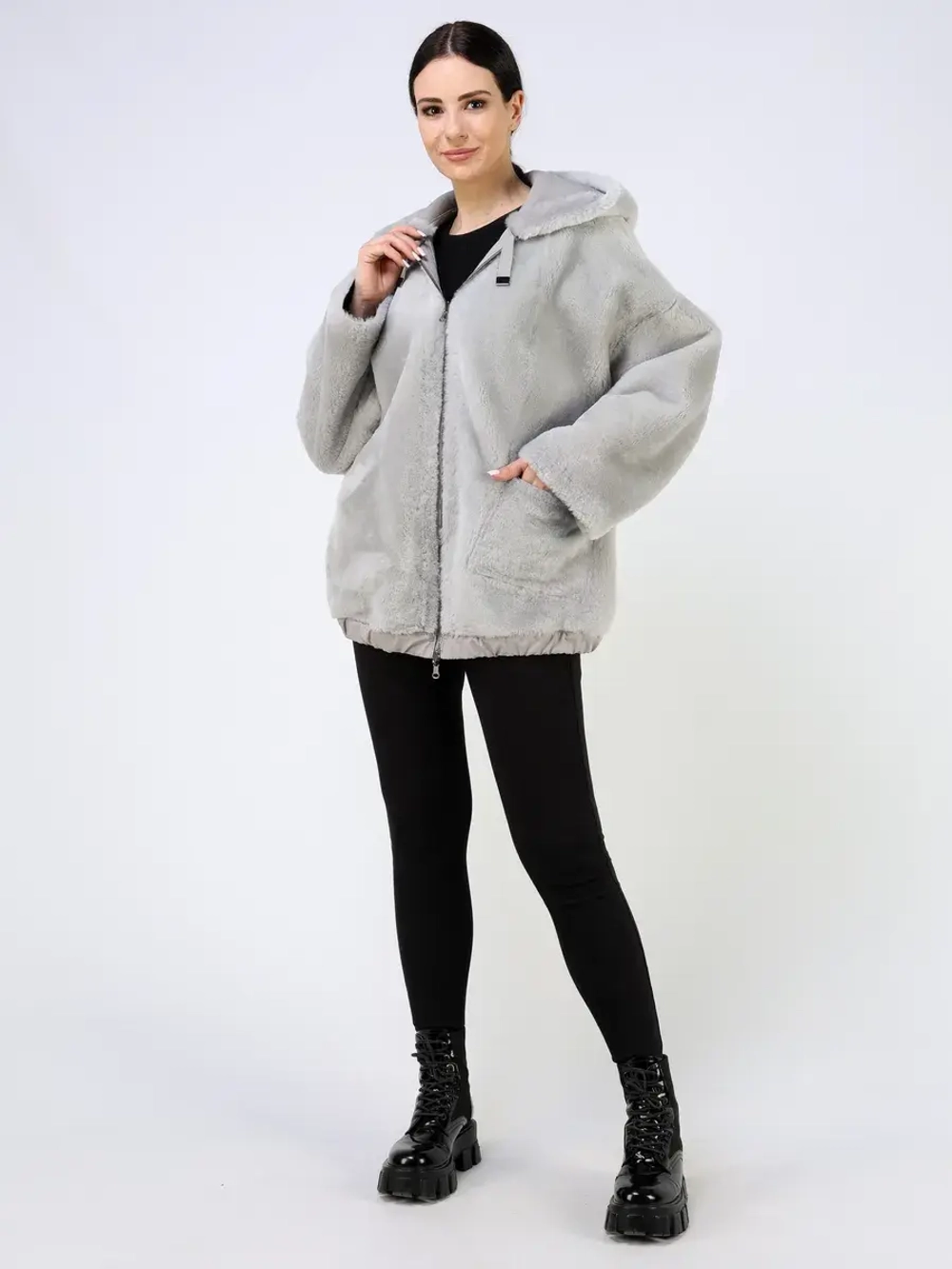 Дубленка зимняя двухсторонняя шуба с капюшоном