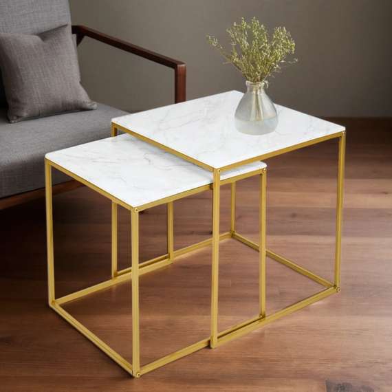 Стол журнальный МеталлАрт М002 белый мрамор/золото