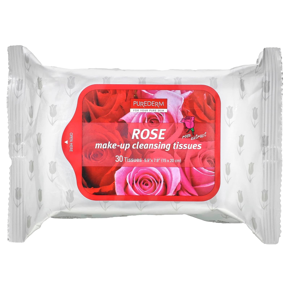 Purederm, Make-Up Cleansing Tissues, роза, 30 салфеток