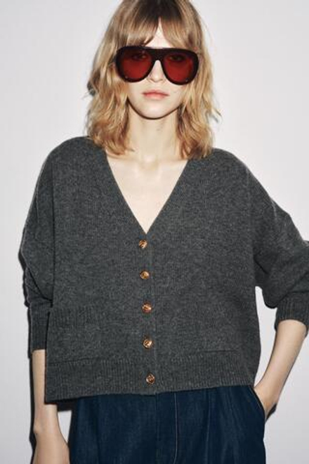ZARA КАРДИГАН ИЗ 100% ШЕРСТИ С ЗОЛОТИСТЫМИ ПУГОВИЦАМИ, ТЕМНО-СЕРЫЙ
