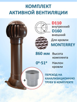 Комплект активной вентиляции: Вентиляционный выход изолированный D125/160 утепленный высота H=700 мм,проходной элемент для металлочерепицы Monterrey, ротационная вентиляционная турбина Ø 160 мм серия Twister, переход на канализационную трубу D110 с вентиляционного выхода 125/160 без уплотнения, серый