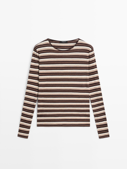 Massimo Dutti Футболка из смесового хлопка в полоску с длинными рукавами, коричневый