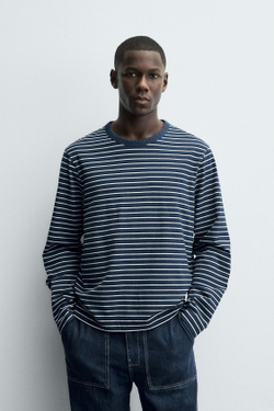 ZARA ЖАККАРДОВАЯ ФУТБОЛКА В ПОЛОСКУ, СИНИЙ/ИНДИГО