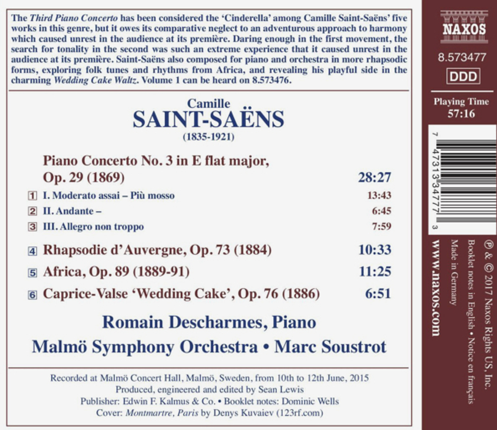 Romain Descharmes, Malmo Symphony Orchestra, Marc Soustrot / Saint-Saens: Piano Concerto No. 3, Africa, Rhapsodie D'Auvergne, Wedding Cake Waltz (CD)