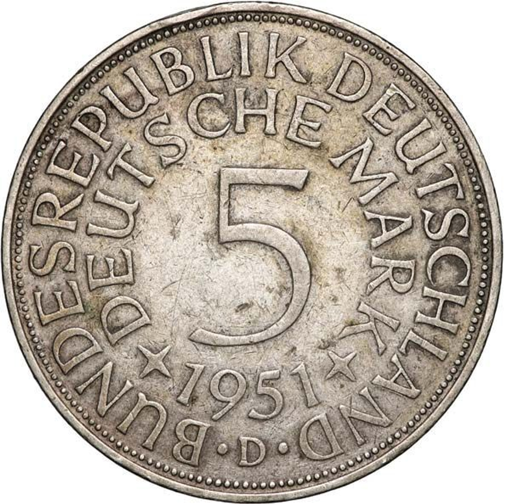 Germany, 5 Mark 1951 – Federal Eagle (Munich Mint - "D"), XF