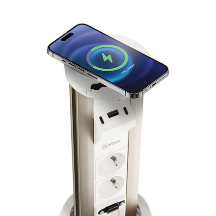 Блок розеток 12J 2 секции Серебро+Белый Автоматический d=100мм USB type A+C + RJ45 + HDMI беспроводн