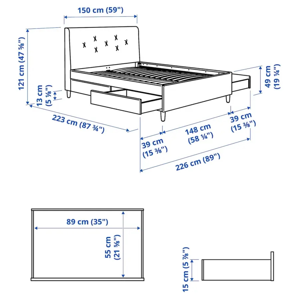 Кровать с мягкой обивкой и выдвижными ящиками - IKEA IDANÄS/IDANAS, 200х140 см, темно-серый, ИДАНЭС ИКЕА