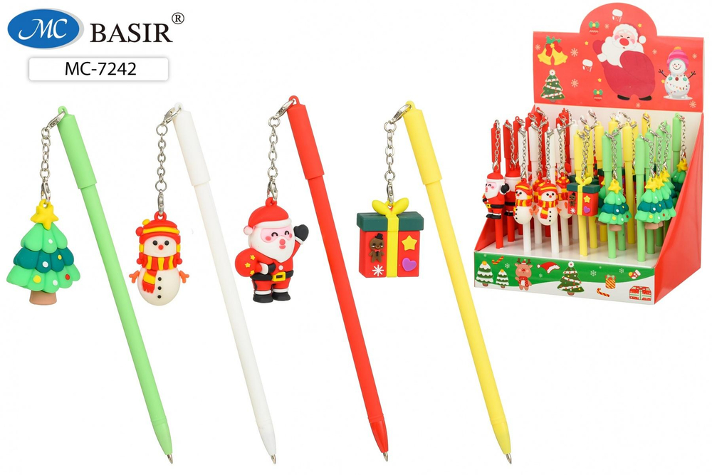 Ручка шарик. детская "Новогодние" синяя, цветной матовый корпус, ассорти МС-7242 (Basir)