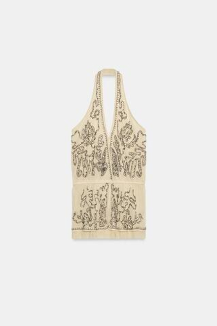 ZARA ТОП ХАЛТЕР С ВЫШИВКОЙ ХАЛТЕР — ZW COLLECTION LIMITED EDITION, БЕЖЕВЫЙ