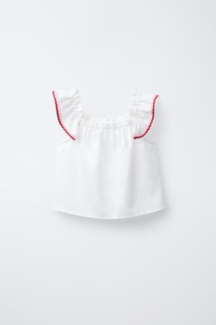 ZARA ТОП ИЗ СМЕСОВОГО ЛЬНА С ВОЛНИСТЫМИ КРОМКАМИ, СВЕТЛЫЙ ЭКРЮ