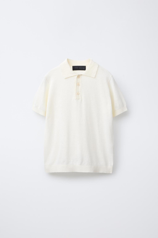 ZARA ПОЛО ИЗ ХЛОПКА И ЛЬНА, ЭКРЮ
