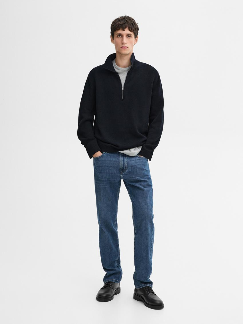 Massimo Dutti Трикотажный свитер с воротником поло на молнии, темно-синий