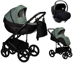 Детская коляска Indigo Tour Eco 3 в 1 с автокреслом Avionaut Cosmo Te03 черная кожа+шалфей кожа