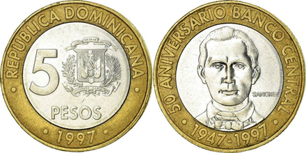 Доминикана 5 песо, 1997 50 лет Центробанку XF