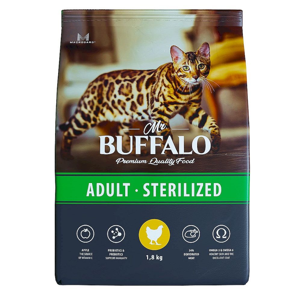 Сухой корм Mr.Buffalo STERILIZED для стерилизованных кошек с курицей, пакет 1,8 кг (УЦЕНКА)