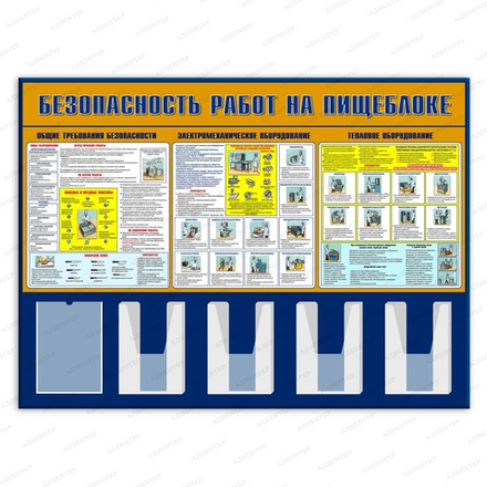 Стенд БЕЗОПАСНОСТЬ РАБОТ НА ПИЩЕБЛОКЕ с плоскими и объёмными карманами А4 369