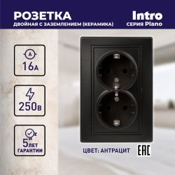 Розетка Intro Plano 1-205-05 с заземлением двойная 2X2P+E Schuko, 16А-250В, IP20, СУ, антрацит