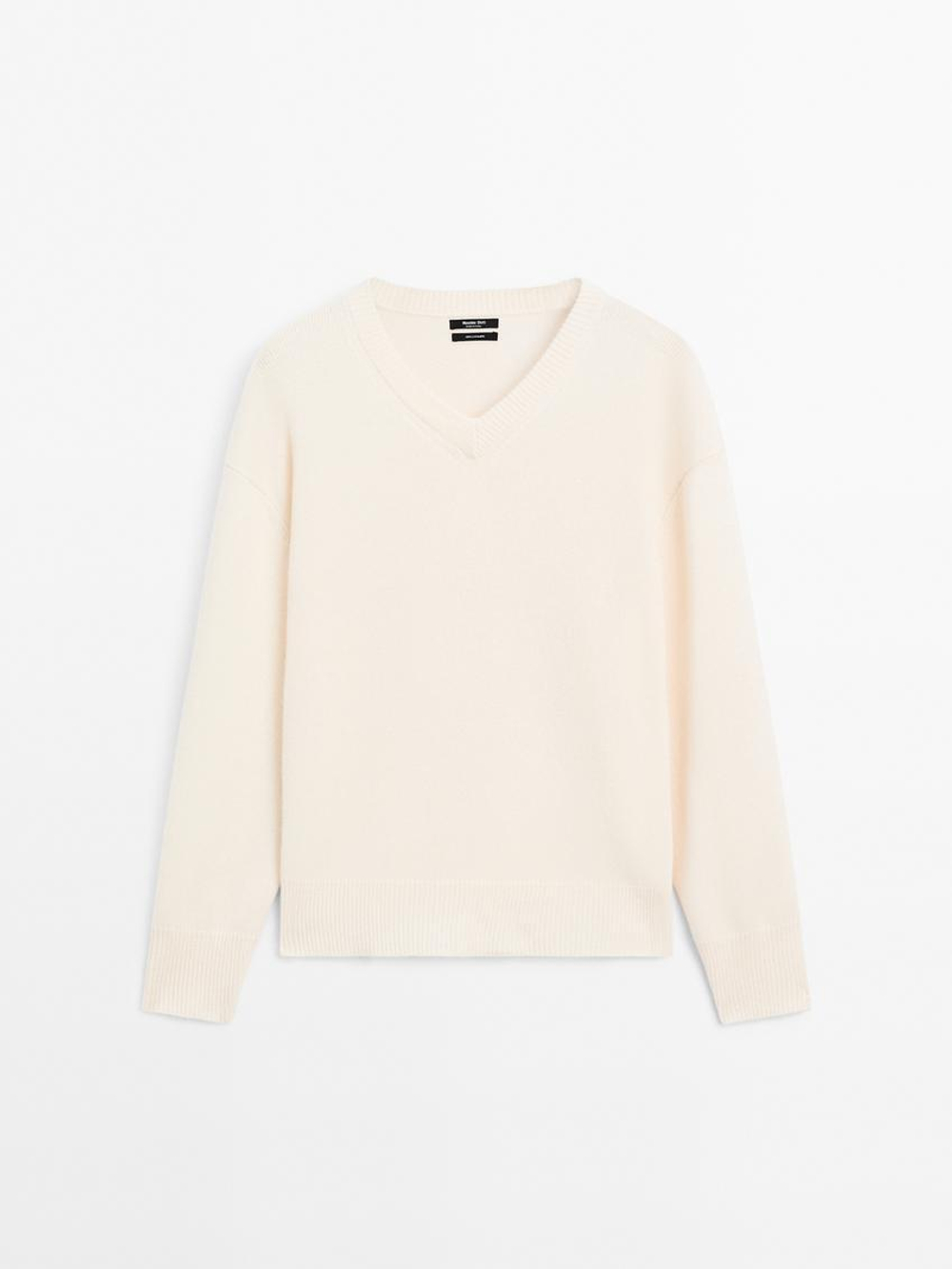Massimo Dutti Свитер из 100% кашемира с V-образным вырезом, натуральный, кремовый