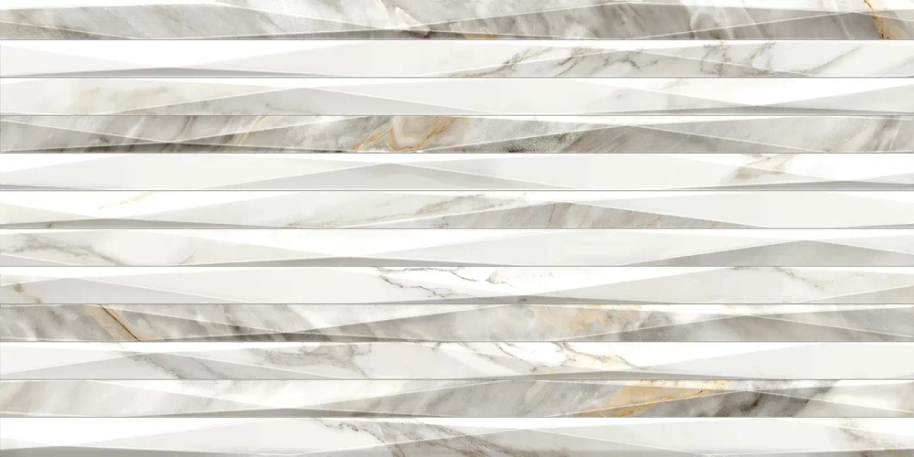 Настенная плитка Alma Ceramica TWU2550EPH24 Euphoria 24.9x50 белая / серая глянцевая / рельефная под мрамор / полосы