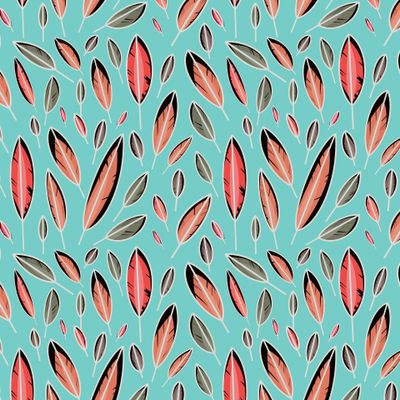 Яркий паттерн с красными перьями на бирюзовом фоне