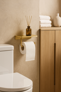 Держатель для туалетной бумаги STWORKI Эстерсунд S31345GM настенный, матовое золото, с полкой