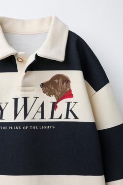 ZARA ПОЛО В ПОЛОСКУ С ПРИНТОМ «СОБАКА», СЕРЫЙ