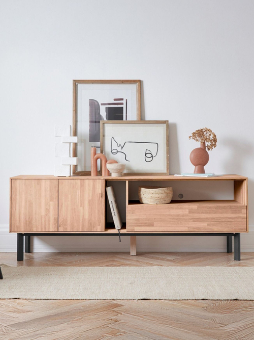 Дизайнерская тумба под телевизор 158 см Виби из массива дуба на металлических ножках, в стиле лофт