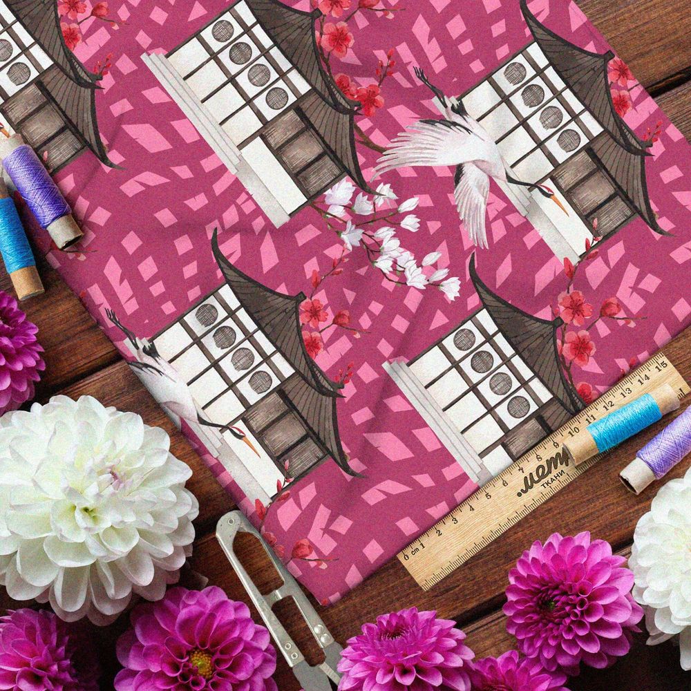 Ткань саржа журавль и китайский дом