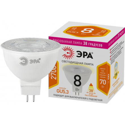 Лампочка светодиодная ЭРА STD LED Lense MR16-8W-827-GU5.3 GU5.3 8Вт линзованная софит теплый белый свет