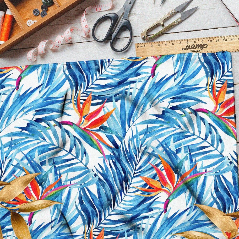 Ткань лен синие раскидистые листья с оранжевыми