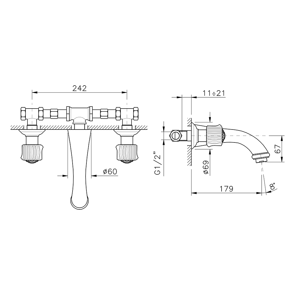 Смеситель для раковины Nicolazzi Onice настенный на 3 отверстия, ручки оникс, хром 2177 CR 09O