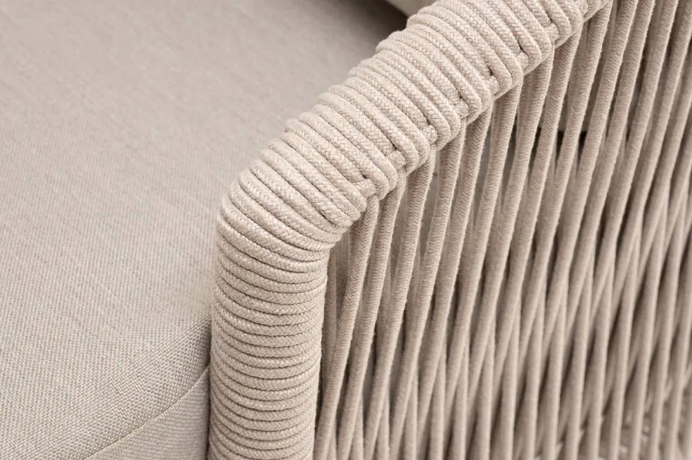 "Верона" диван 3-местный плетеный из роупа, каркас алюминий белый муар, роуп бежевый круглый, ткань бежевая 052