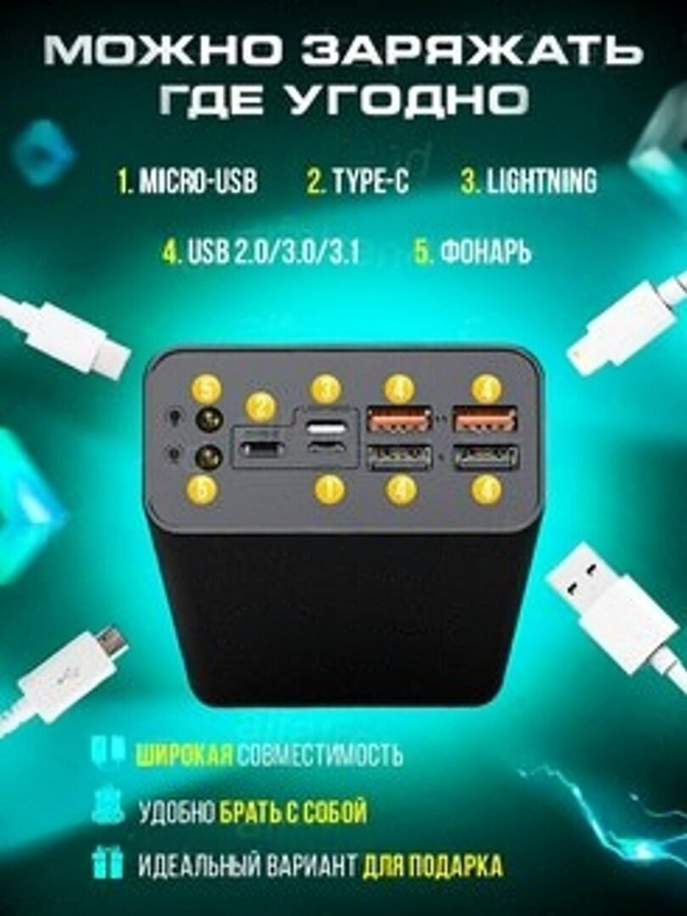 Power Bank внешний аккумулятор 40000 mAh с быстрой зарядкой и фонариком, белый