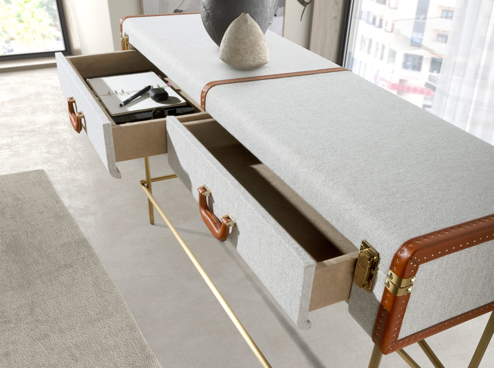 Консольный стол 3271 из шпона ореха и светло-серой ткани