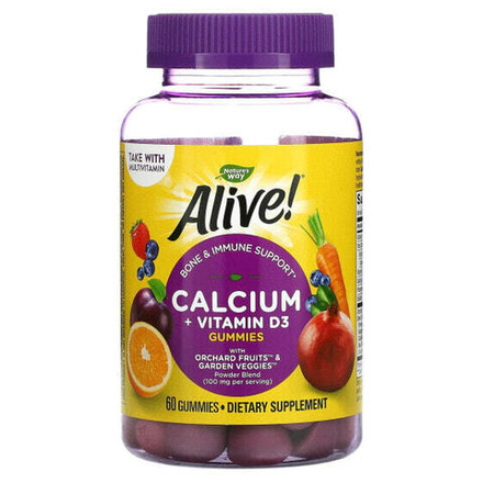 Кальций Nature's Way, Alive!, кальций и витамин D3, 60 жевательных конфет