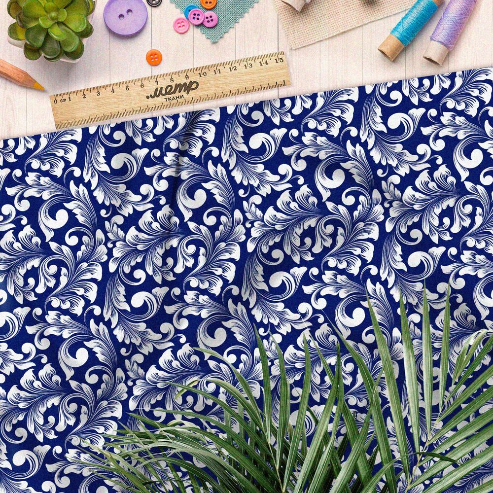 Ткань габардин симметричный крупный узор гжели на синем фоне