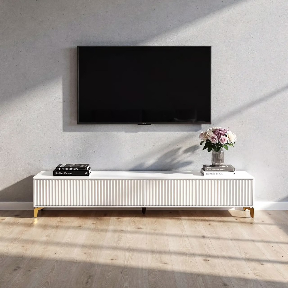 Тумба под телевизор на ножках ROYAL 5037 эко (Белый-Золото)