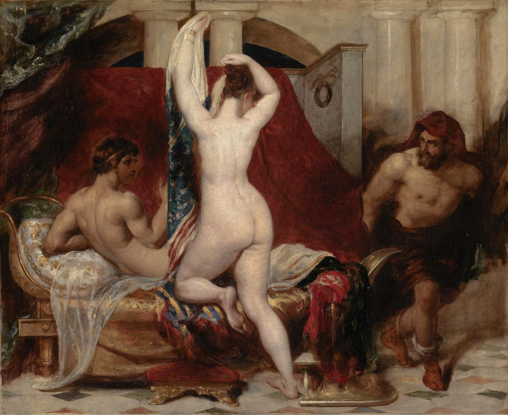 Уильям Этти. 1830. Кандал, царь Лидии, его жена и министр (Candaules, King of Lydia, Shews his Wife by Stealth to Gyges, One of his Ministers, as She Goes to Bed). 158.7 х 117.5. Холст, масло. Лондон, музей Тейт.