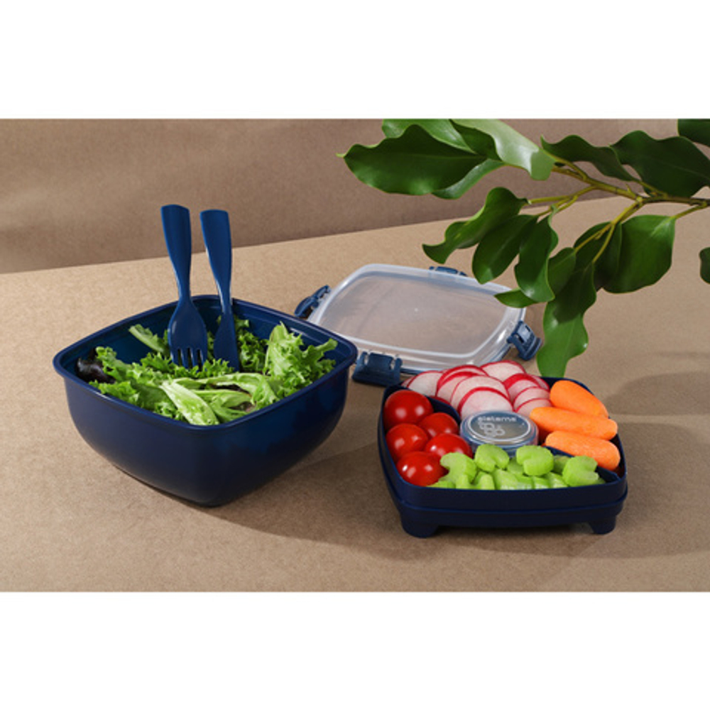 Контейнер д салата с разделителями и приборами 1.1л Sistema Renew синий